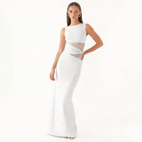 Women's Solid Color Translucent Hollow Lace Twist Belt Dress DJPT