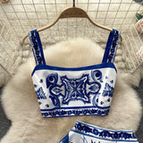 And White Porcelain Printing Set Of Women In Summer Pure Desire To Bare Belt Slings Small Vest + High Waist Mid-Dress Skirt DJPT