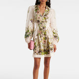 Famous Elegant Temperament Wind Dress 2025 Spring New V Collar Lantern Sleeve Print Single Buckle Skirt Woman