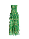 Pastoral Chiffon Dress 2025 Summer New Green Print Chest Lotus Leaf Folding Dress Dress Woman