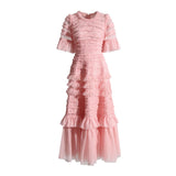 Elegant Dress 2025 Spring New Round Neck Pressure Folding Mesh Splicing Wave Point Cake Skirt