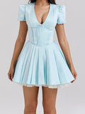 Retro Dress Deep V Sexy Short Skirt T Tied With Waist A-Shaped Mesh Dress Woman HZ0628