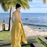 Seaside Travel Skirt Beach Dress Hanging Neck Yellow Sling Dress Woman