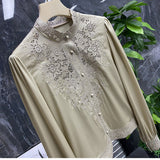 Silk Embroidery Shirt Women 2025 Early Spring New Court Style Collar Hollow Shirt Lady Temperament Elegant DJPT