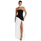Women's Black And White Bumping Round Neck Irregular Opening Dress DJPT