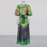 Court Style Dress 2025 Spring New Round Lantern Sleeves Gradually Swing Mid-Long Dress Women's Dress