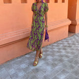 Women's Fashion-Coln Fashion-Print Dress Elegant Body-Dress V-Neck Short-Sleeved Dress DJPT