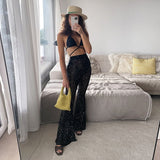 High-Rise Mesh Sexy Perspective Drilled Trousers Women In Hot Girls Straight Slacks DJPT