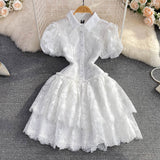 Summer Retro Temperament Super Fairy Collar Single Buckle White Embroidery Bubble Sleeve A Word Cake Dress DJPT