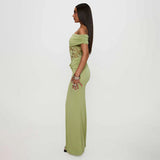 Women's Spring And Summer New Solid Color Open Shoulder Splicing Lace Super Long Dress Woman DJPT