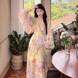 Court Lantern Sleeve Yellow Print Dress Photo Long Dress Bohemian Beach Dress Women's Summer