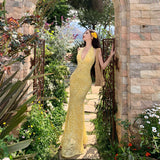 Yellow Lace V-Neck Dress Dress Female Summer Sexy Seaside Vacation Backpack Hip Fishtail Dress