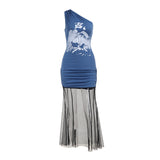 Shoulder-Print Mesh Spliced Dress Woman 2025 New Hot Girl Bag Hip Dress DJPT