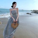 Summer New One-Word Collar Folds To Repair Height Waist A-Shaped Skirt Striped Beach Dress Woman
