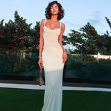 Women Decorate Waistcoat Shoulder Strap Curved Mesh Spliced Fishtail Dress DJPT