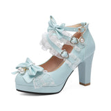 Sweet Bow Lolita Lace Candy Shoes Coarse Heel Single Shoes 32-43 Shoes High Quality Shoes