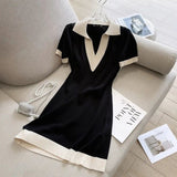 Flavender 2025 Summer POLO Collar Short-Sleeved Knitted Dress Straight Loose V-Neck T-Shirt Dress French Niche DJPT