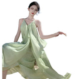 Lusty Sexy Back Hanging Neck Dress Women's Summer Vacation Folds Long Dress Green Loose A Word Skirt