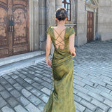 Turquoise V-Necked Back-Sin-Faced Jab Dress Dress Women's Summer Harvest Waist Thin Dress Dress Seaside Beach HZ0628