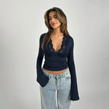 Sexy Lace Side Deep V-Neck Long-Sleeved Top-Bottomed Women's Autumn 2025 Blouse DJPT
