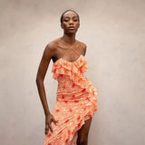 Sexy Open-Fork Dress Cross Strap Chiffon Sling Skirt To Wood Chiffon Crimum Flower Dress