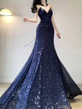 Mermaid Spaghetti Straps Sequin Blue Prom Dress Birthday Dresses Birthday Outfits SD1162