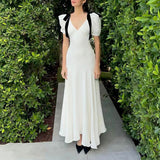 Gentle Temperament Ken Bean The Same Spring 2024 White Deep V Bow Tidial Sleeve Dress