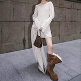 Sanguan With The Same Gentle White Tea Lazy Version Of The Loose Knitted Shirt Shoulder Dress Shoulder