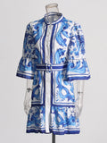 Vintage 2025 Summer New Round-Neck Long Horn Sleeve Blue Printed Dress Woman