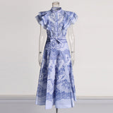 Bohemian Wind 2025 Spring New Neckline With Flying Sleeves To Close The Waist Print Medium Long Skirt Dress