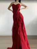 Mermaid Spaghetti Straps Red Chiffon Ruffles Birthday Dresses Long Prom Dress SD1160