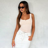 Women's 2024 Summer New Square Necker Sling Bottom Solid Color Button Top DJPT