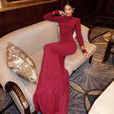 Women's High-Necked Long Sleeve Pad Shoulder-Scratted Tossed Fishtail Skirt DJPT