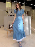 Summer Gentle First Love Style Slime Button Thin Lace Long Dress