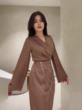 Women's Clothing 2025 Spring New Long Dress Temperament Long-Term Waist Chain Solid Color And Set Of Face Dress
