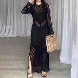 Women's Autumn Round-Collar Knitted Long Dress High-Waisted Waist-Coated Dress