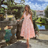 Autumn 2025 New Women's Clothing Ins Sweet Style Sexy Body Print Hanging Neck A Swing Dress Woman DJPT