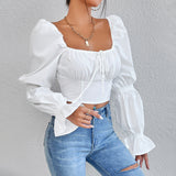 And Summer Women Pure White Long Sleeve Front Breast Strap With Bare Back Sexy Waist Shirt Crop Top DJPT