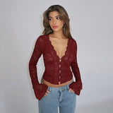 Autumn 2025 New Women's Dresses Sexy Vicaric V-Necked Lace Long Sleeve Blouse DJPT