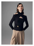 Club Babes Knitted Shirt 2025 Spring Metal Cross-Kin Knot Sexy Hollow Black Bottom Top Woman