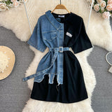 Hong Kong Flavor Temperament With Belt Round Tie Color Denim Shirt Spring New Chic Leisure Medium DJPT