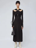 Knitted Long Dress 2025 Spring Famous Temperament Cross-Toning Knot Hollow Folded Slimming Dress