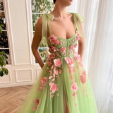Flowers Open Green Dress Sling Chest A Skirt Sister Dress Dress Girl Costume Stage Performance Suit 2025