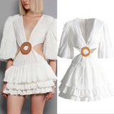 Retro Clodress 2025 Summer New V-Neck Lantern Sleeve Sexy High-Waisted Waist-High Waist Dress