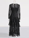 Retro Style Small Lotus Leaf Side Dress 2025 High-End New Round-Neck Long-Sleeved Lace Hollow Dress