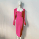 New Spring And Autumn Temperament Banded Skirt Square Horn Cushion Shoulder Long Sleeve Elastic Body Elegant Dress