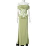 Women's Spring And Summer New Solid Color Open Shoulder Splicing Lace Super Long Dress Woman DJPT