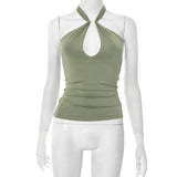 Women's Sleeveless Backs Piercing Hanging Neck Strapt Tight Vest Tops DJPT