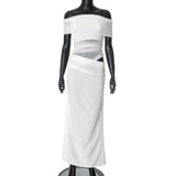 Women's First-Word Neckline Mesh Splicing Bare Waist Repair Folding Bag Of Hips Skirt DJPT