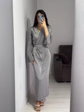 Women's 2024 Summer New Long Dress Temperament Loose Metal Decoration V Tie With Dress